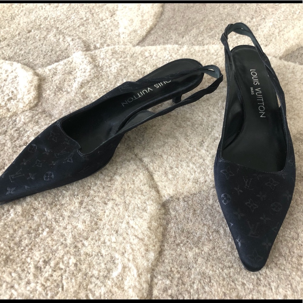 Louis Vuitton Black Satin Monogram Slingback heel